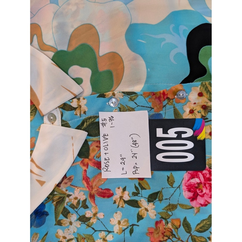 Rose + Olive Mixed Floral Abstract Print Button Down Blouse Blue Tan 3/4 Sleeve - Picture 10 of 10